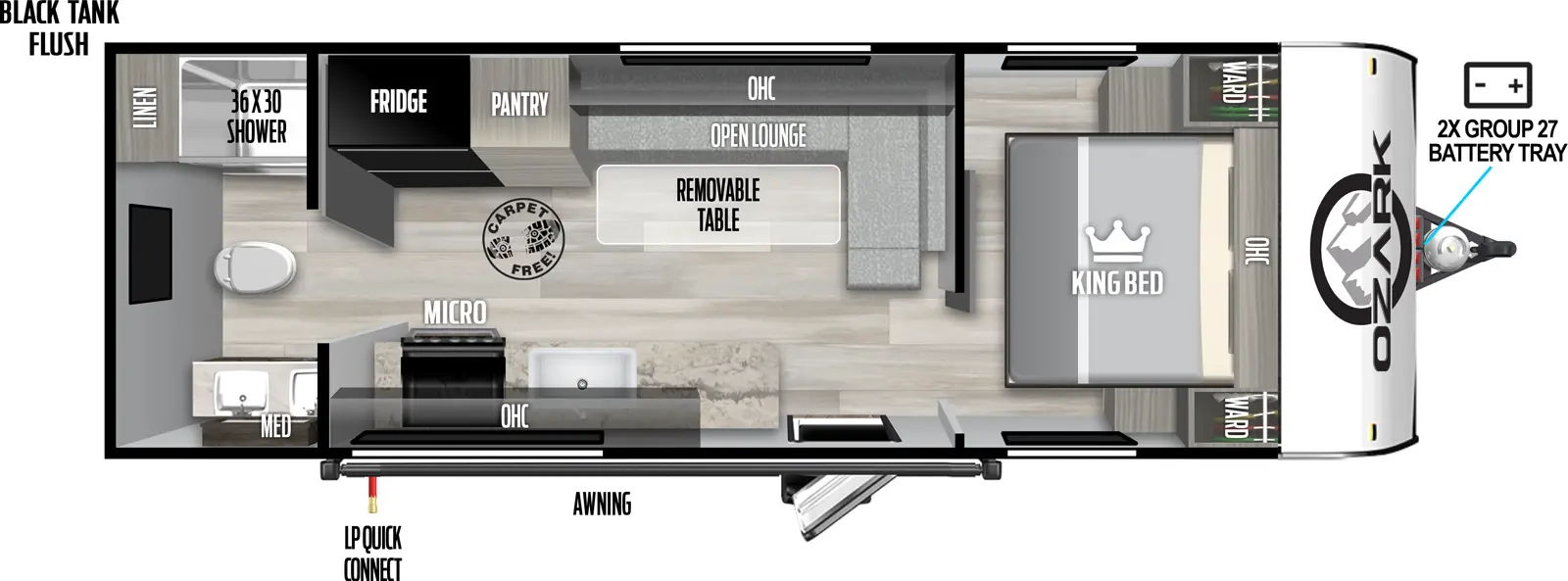 The 2300RB has zero slideouts and one entry. Exterior features 2X group 27 battery tray, awning, LP quick connect, and black tank flush. Interior layout front to back: foot-facing king bed with overhead cabinet and wardrobes on each side; open lounge wraps from inner wall to off-door side with removable table, overhead cabinet, pantry and refrigerator; door side entry, kitchen counter with sink, microwave, cooktop, and overhead cabinet; rear full bathroom with linen closet, and medicine cabinet. Carpet Free Interior.